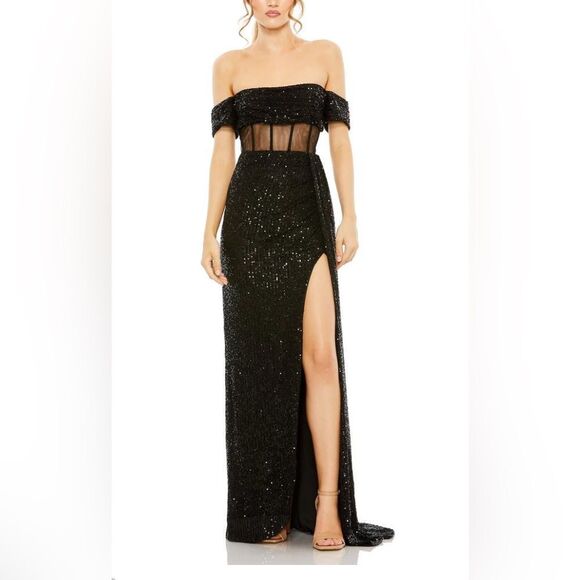 Mac Duggal leena NWT Black Sequin Off The Shoulder Sheer Corset Gown 11665 Sz 0